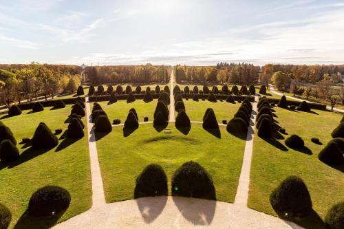 FertőszentmiklósLuxury Home with Jakuzzi near Neusiedler See的享有花园的景色,草地上种植了大片树木