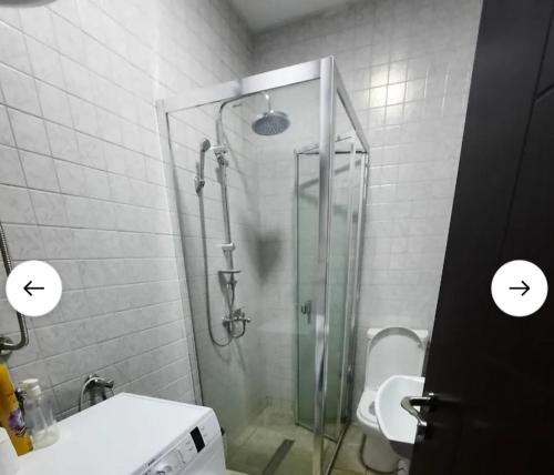 索科矿泉村Cera luxe apartment的带淋浴、卫生间和盥洗盆的浴室