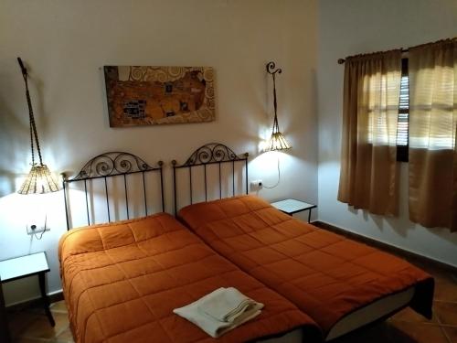 莫内斯特里奥CASA RURAL LA CABRA DEL MEDIO的一间卧室配有一张带橙色毯子的床