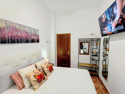 扎哈拉Casa Rural Agua de Azahar Chimenea的卧室配有白色的床和电视