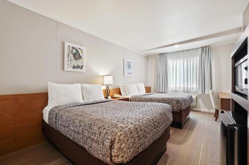 安纳海姆布鲁克哈斯特广场旅馆的酒店客房设有两张床和电视。
