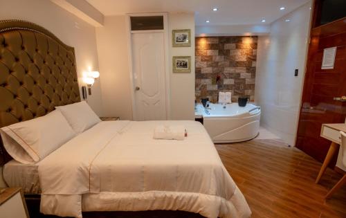 阿亚库乔Hotel Melthon Urbans的一间卧室配有一张床、一个浴缸和一个水槽