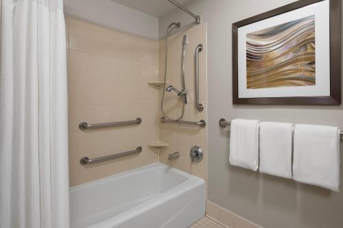 罗克福德罗克福德万怡酒店的带淋浴和白色浴缸的浴室