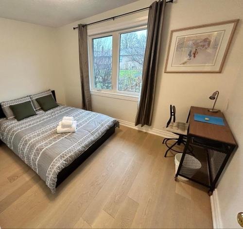 多伦多Premium home with Garden view, private parking的一间卧室配有一张床、一张书桌和一个窗户。