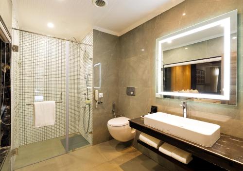 KīarjüSTa Cliffend Resort & Spa, Mashobra的浴室配有卫生间、盥洗盆和淋浴。