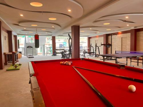 马拉里TATA Vista Resort Mall Road Manali - Centrally Heated & Air Cooled的配有乒乓球桌的客房内的台球桌