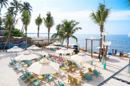 Ấp Khánh Phước (1)Mango Beach Hotel & Camping的享有海滩的空中景致,配有椅子和遮阳伞