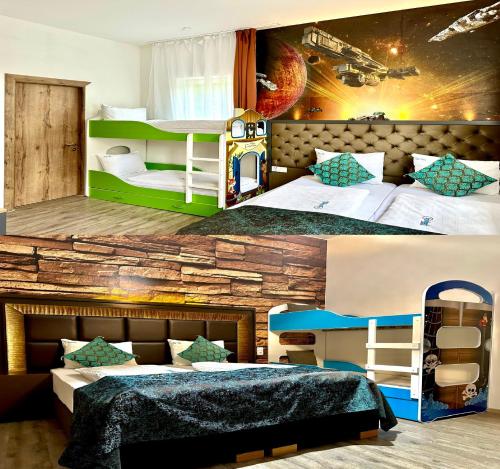 金茨堡Pension Kristalpark的卧室配有两张照片,设有两张床和一张双层床。