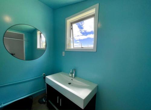 Matauri BayMatauri Bay Shearer's Cottage的蓝色的浴室设有水槽和镜子