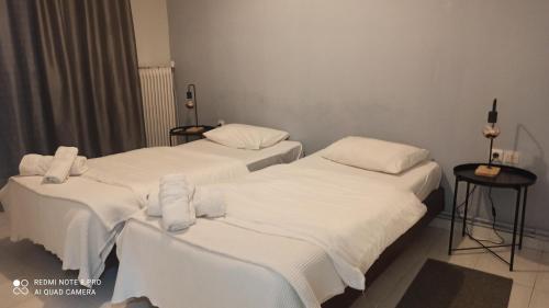 塞萨洛尼基Thess Rooms Agion Panton 12的配有2张床的客房内配有白色床单和毛巾