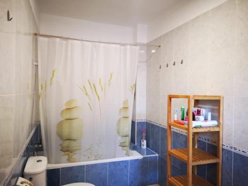 莫罗德哈布雷Acogedoras Habitaciones Privadas zona Costera Wifi的浴室配有淋浴和带浴帘的卫生间。