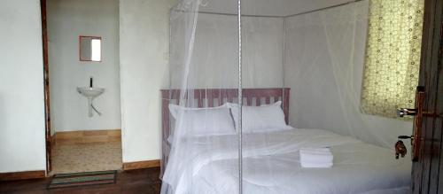 卡巴莱Ruhija Gorilla Guest House的卧室配有白色床和悬挂天篷