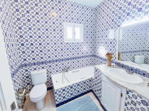 Dar Mimoun BeyLe Superbe - Sidi Bou Saïd的蓝色和白色的浴室设有卫生间和水槽