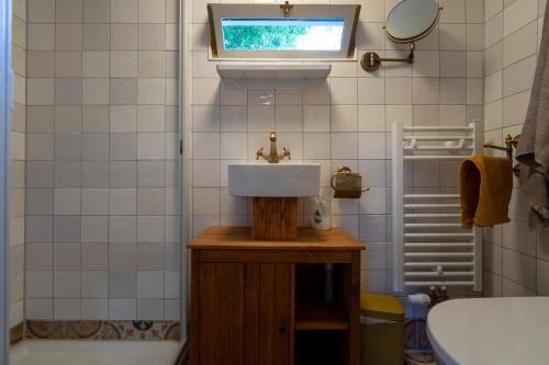 艾格蒙宾能De Wagen的一间带水槽和浴缸的浴室以及窗户。