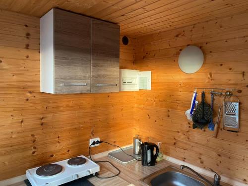 德兰斯克Bungalow WALD & SAND direkt am Strand的木墙内带水槽的厨房