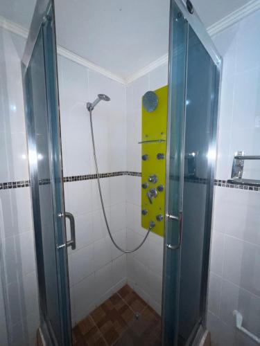 伊基克Hotel Casa del profesor Iquique的浴室里设有玻璃门淋浴