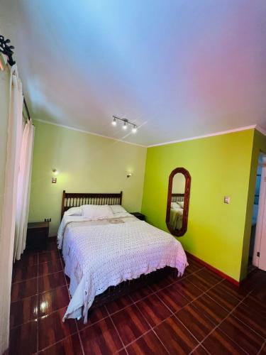 伊基克Hotel Casa del profesor Iquique的一间卧室设有一张床和黄色的墙壁