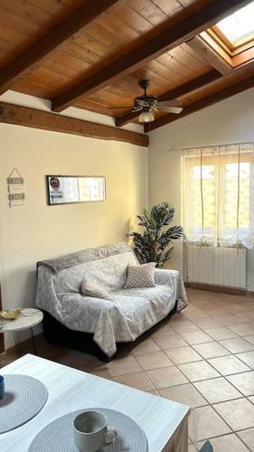 菲乌米奇诺Casa vacanze profumo di mare的带沙发和天花板的客厅