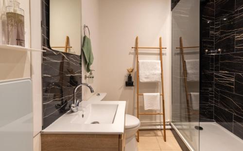 枫丹白露Cœur de Fontainebleau: Confort, Calme & Haut débit的一间带水槽、卫生间和淋浴的浴室
