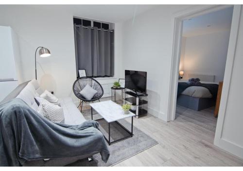 梅德斯通Charming 1BR flat in Maidstone的带沙发、电视和床的客厅