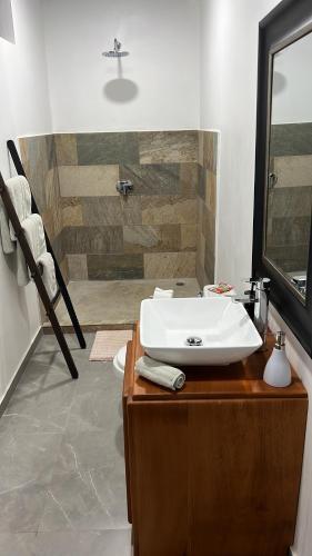 卡里略Casa yin yang的浴室配有白色水槽和淋浴。