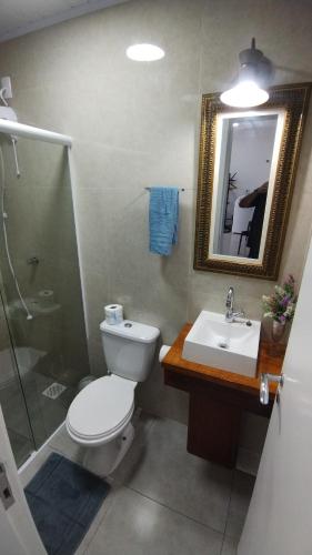 弗洛里亚诺波利斯Studio Girassol的浴室配有卫生间、盥洗盆和淋浴。