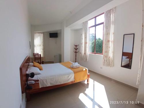 塔拉波托Posada del Angel Hotel的一间卧室设有一张床和一个大窗户