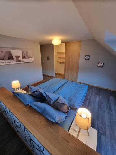 梅特泽拉Le gîte de Cléo, maison spacieuse et paisible.的一间卧室配有一张带蓝色棉被的床