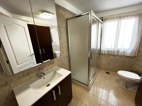 加拉奇科Precioso y Luminoso Piso的一间带水槽、淋浴和卫生间的浴室
