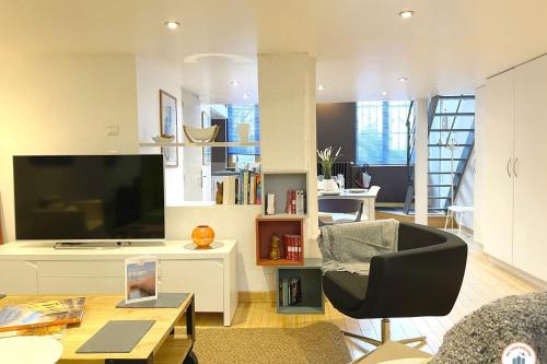 鲁昂Loft de l'Artiste - Parking - Standing的客厅配有电视、椅子和桌子