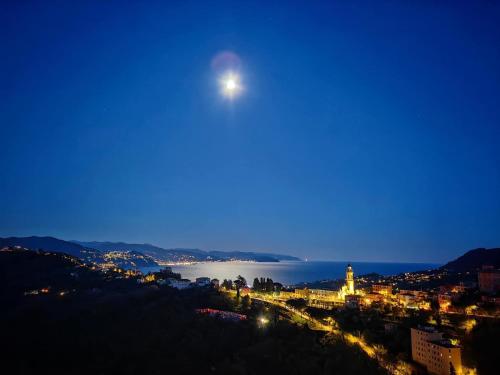 圣玛格丽塔-利古雷La Mansarda di San Lorenzo的夜晚城市与月亮的景观