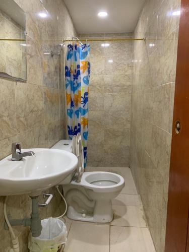 卡塔赫纳Posada Cartagena Histórica的一间带水槽和卫生间的浴室