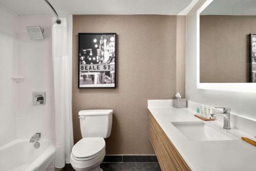 西孟菲斯Radisson Hotel West Memphis的一间带卫生间、水槽和镜子的浴室