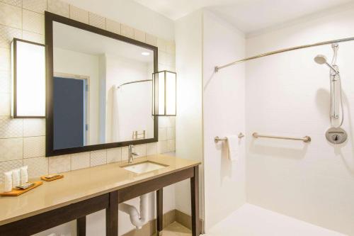 弗拉格斯塔夫Country Inn & Suites by Radisson, Flagstaff Downtown, AZ的浴室配有盥洗盆和带镜子的淋浴