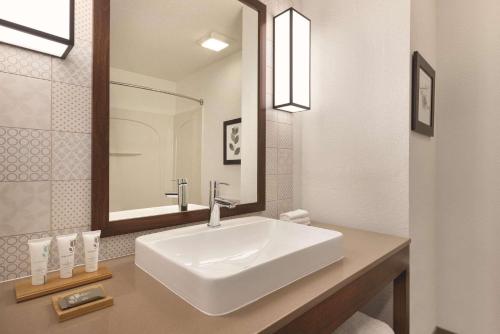 坦帕Country Inn & Suites by Radisson, Tampa Airport East-RJ Stadium的浴室设有白色水槽和镜子