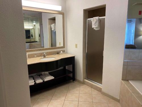 阿森斯雅典江山套房酒店的一间带水槽、镜子和淋浴的浴室