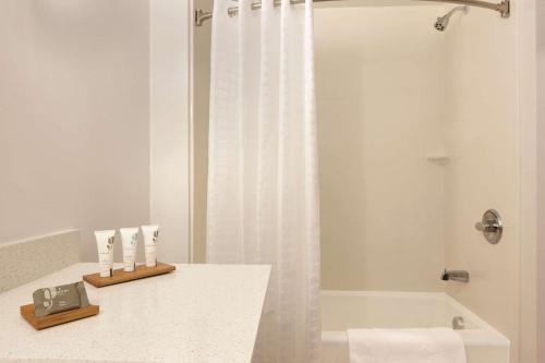 什里夫波特Country Inn & Suites by Radisson, Shreveport-Airport, LA的带淋浴、盥洗盆和浴缸的浴室