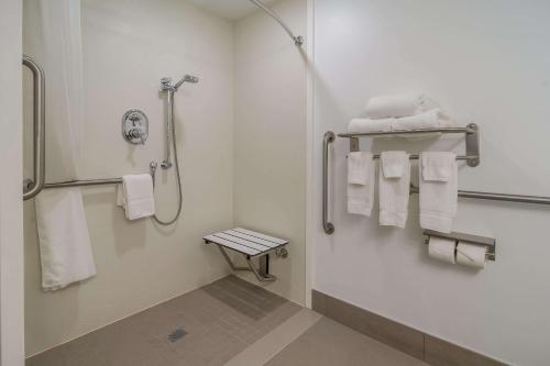 戈尔兹伯勒戈尔兹伯勒江山旅馆及套房酒店的一间带白色毛巾和淋浴的浴室