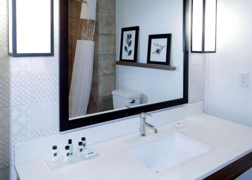 新布朗费尔斯Country Inn & Suites by Radisson, New Braunfels, TX的白色的浴室设有水槽和镜子