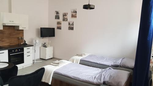 新松奇Komfortowy apartament w centrum Nowego Sącza的一间小房间,配有两张床和厨房