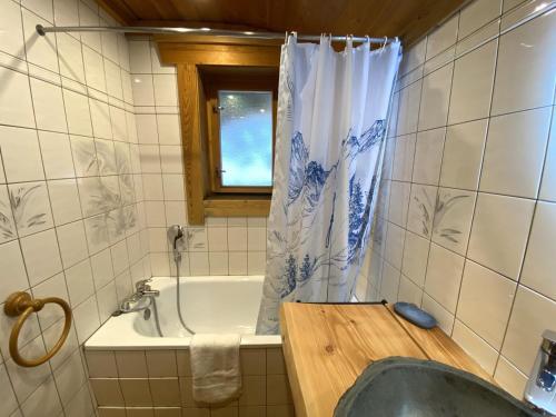 拉布雷斯LE GRAND CERF Chalet en rondins avec SPA Jacuzzi的带浴缸和淋浴帘的浴室