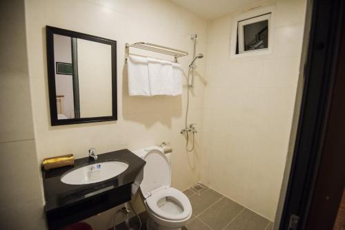 潘切1991 Boutique Hotel的一间带水槽、卫生间和镜子的浴室