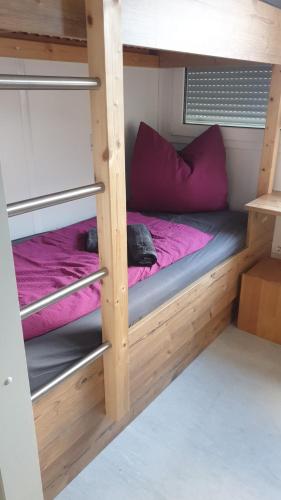 弗拉塔赫Gletscher-Trail Hostel的客房内的一张带紫色枕头的双层床