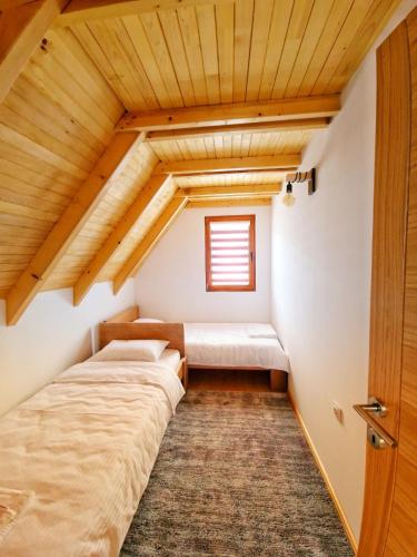 维舍格勒Stara pruga Jaz 2的阁楼卧室设有两张床和窗户。