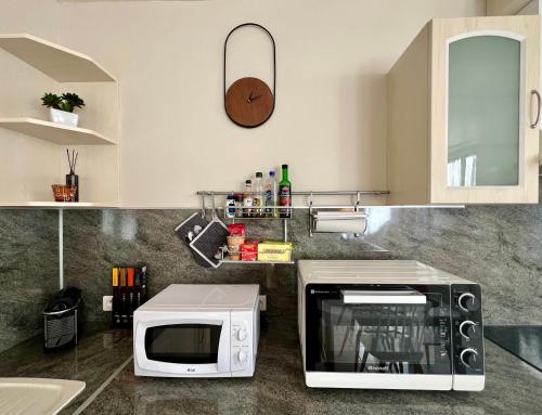 卡尔卡松PETIT CAPUCIN的厨房柜台配有微波炉和水槽