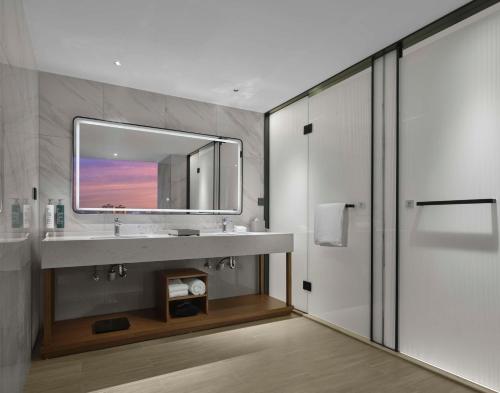 Longnan赣州龙南希尔顿花园酒店的一间带水槽和镜子的浴室