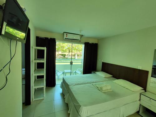 普拉亚多斯卡内罗斯Divinos Flat Carneiros的一间卧室配有一张床、一台电视和梯子