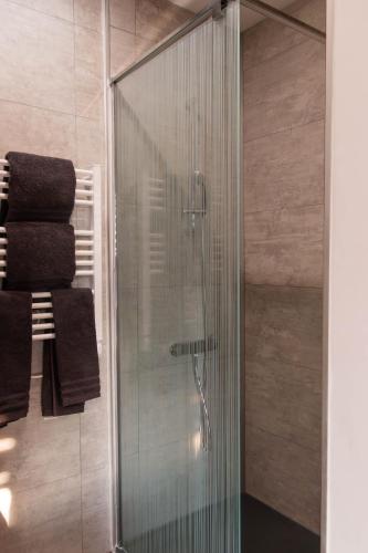 圣埃尔布兰la chambre de l'ange的浴室设有玻璃淋浴间,备有毛巾