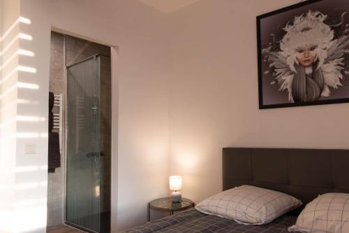 圣埃尔布兰la chambre de l'ange的一间卧室设有一张床和一个玻璃淋浴间