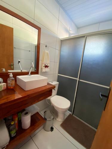 阿尔弗雷多瓦格内尔Aconchego Alto da Serra的浴室配有卫生间、盥洗盆和淋浴。